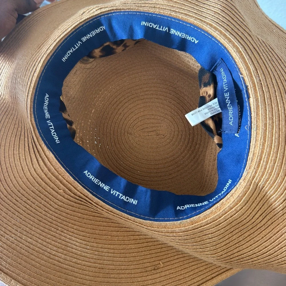 Adrienne Vittadini Tan Straw Sun Hat with Navy Sweatband